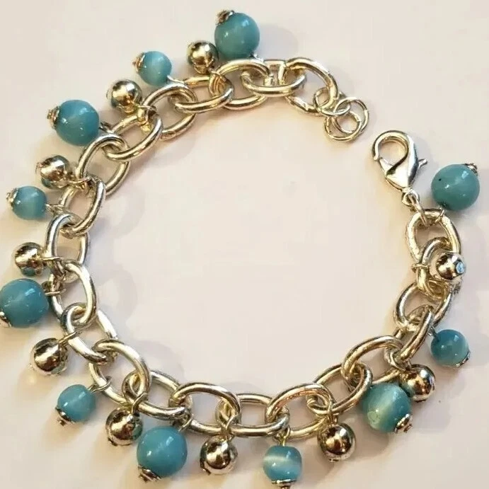 Handcrafted Blue Aqua Silver Tone Moonglow Glass Beaded Beads Dangle Bracelet Foto 1 de 4