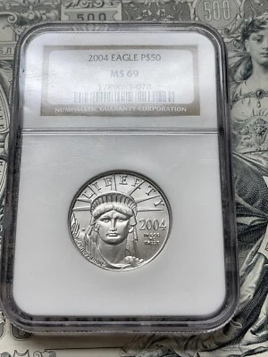 2004  $50 PLATINUM EAGLE STATUE OF LIBERTY NGC MS69  1/2 Ounce USA - Image 1 of 4