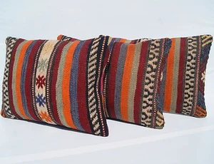 MULTI COLORED PILLOW COVERS  RECTANGLE WOOL 30+ TURKISH KILIM AREA RUGS 20"X14" - Picture 1 of 4