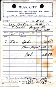 Janis Joplin - Gran Hermano 1966 Equipo de Escenario Recibo firmado por Peter Albin - Imagen 1 de 4