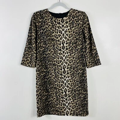 ASOS Size 4 Leopard Print Shift Dress Brown Black Elbow Sleeve Crew Neck - Image 1 of 3