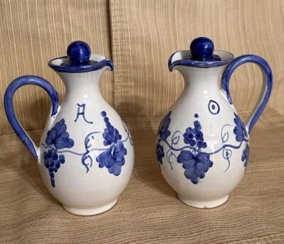 Vintage French Oil and Vinegar Vessels- Set of 2 Blue And White 6” - Image 1 of 4