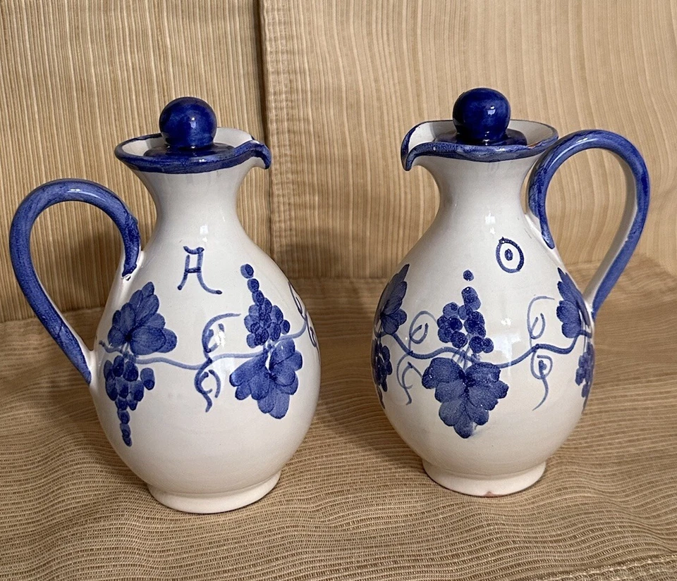Vintage French Oil and Vinegar Vessels- Set of 2 Blue And White 6” - Image 1 of 4