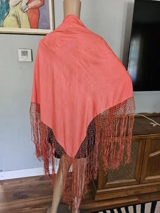 Art Deco Silk Piano Shawl 1930s Peach Color Long Fringe - Picture 1 of 13