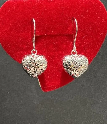 18K Solid White Gold Heart Dangle Hook Earrings - Imagem 1 de 4