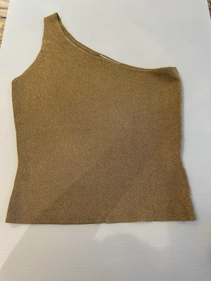 VTG 1980’S ANN TAYLOR FOR KENAR GOLD TONE SEQUIN ONE SHOULDER TOP SZ M HONG KONG - Image 1 of 4