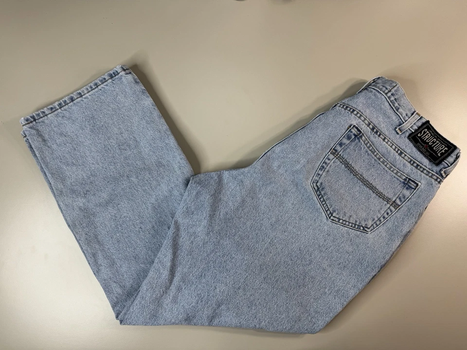 Pantalones de mezclilla de colección Y2K estructura calce relajado para hombre 38x30 azul pierna recta medio enjuague holgados Foto 1 de 4