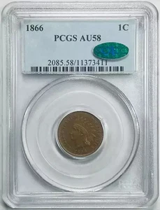 1866 P Small Cents Indian Head Penny PCGS AU-58 BN CAC Premium Quality! - Picture 1 of 2