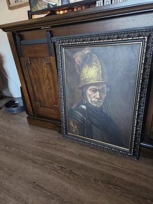 Antique Large Framed Oil Painting Of Man With Golden Helmet After Rembrandt - Image 1 of 4