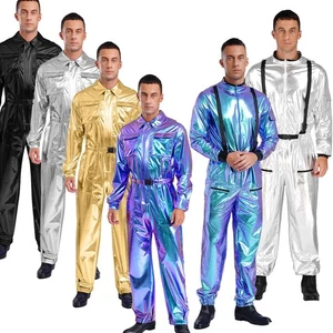 Mens Shiny Metallic Disco Party Jumpsuit Full Body Bodysuits Hippie Rompers - Picture 1 of 44
