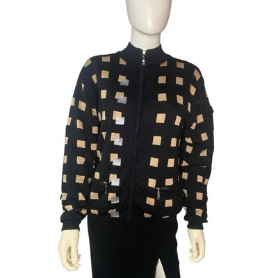 Jamie Sadock Black & Tan Geometric Print Silk Blend Zip Up Jacket Sz L - Изображение 1 из 4