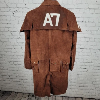 Real Leather A7 Brown Genuine Soft Suede Open Ranger Trench Coat Duster Large L - Image 1 of 4