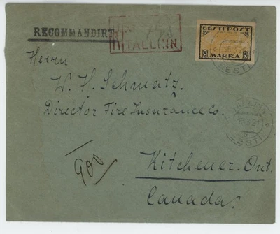 1921 ESTONIA 5MK, REGISTERED AIRMAIL TALLIN TO NY-USA, AND CANADA COVER SUPERB - Image 1 of 2