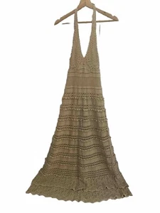 Moda International Crochet Knit Halter Maxi Mermaid Wedding Dress Size XL Beige - Picture 1 of 11