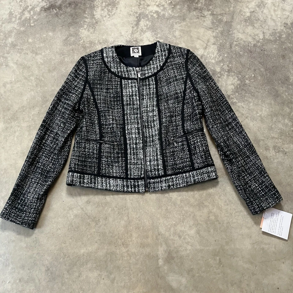 Blazer Anne Klein Mujer 2 Petite Cremallera Tweed Plateado Negro Brillante Chaqueta Oficina Foto 1 de 4