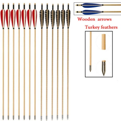 6pcs Handmade 31inch Wooden Arrows 5" Turkey Feathers Archery Hunting - Image 1 of 4