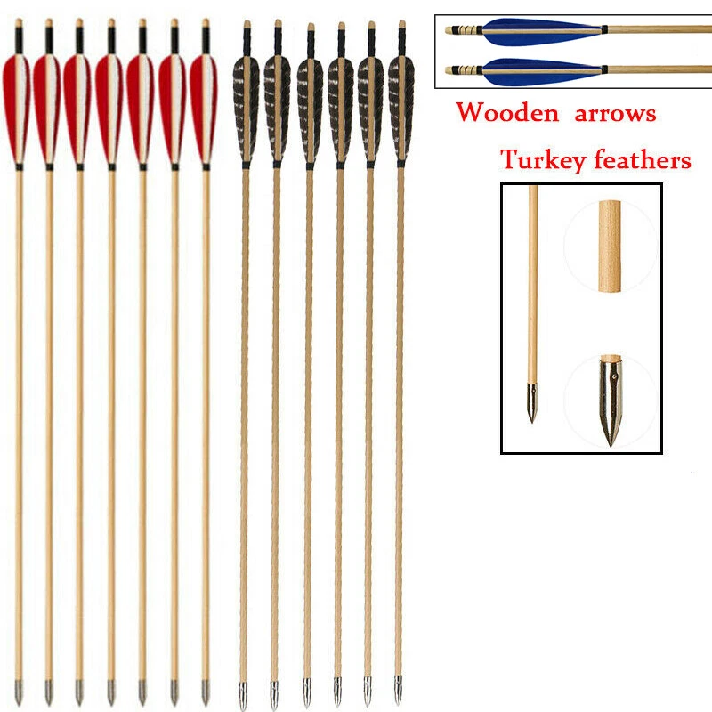 6pcs Handmade 31inch Wooden Arrows 5" Turkey Feathers Archery Hunting - Image 1 of 4