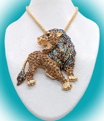 Wonderful & Sparkly!  Betsey Johnson AB & Crystal ~ Golden Roaring Lion Necklace - Image 1 of 4