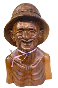 Vintage Hand Carved Wooden Asian Figurine Statue Old Man Bust - Picture 1 of 6