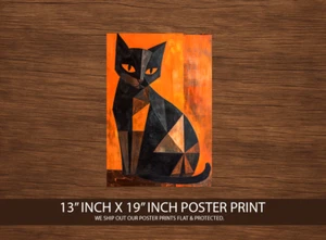 Geometric Black Cat Art Print 13x19 – Modern Orange Poster – Abstract Feline - Picture 1 of 3