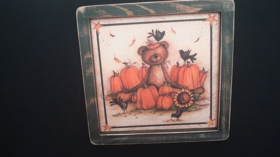 Primitive Country **BEAR with pumpkins and crows** black frame 9" x 9" - Image 1 of 1