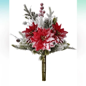 Artificial Christmas Flowers Holly Bouquet 12" Red Frosted Poinsettia Pine Cones - Picture 1 of 7