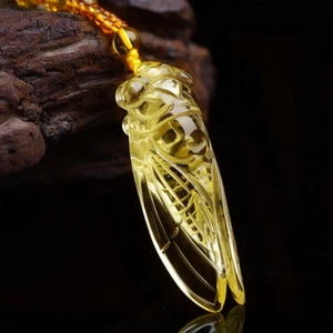 Natural topaz hand carved gold cicada necklace Pendant Women Gift Birthday - Picture 1 of 13