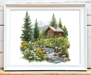 Berg Wandbild Kunstdruck, Waldhütte Wandbild Deko, Wald Wohndeko #457 - Bild 1 von 2