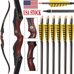 Archery 60" Takedown Recurve Bow 25-50lbs Right Hand Hunting Real Feather Arrows - Picture 1 of 22