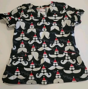 Damen Santa Glitzer Scrub Top Gr. M Schnurrbärte Baumwolle Weihnachten schwarz rot  - Bild 1 von 9