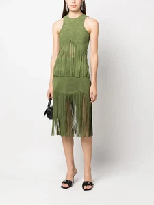 NEW NWT $595 MOSCHINO JEANS women's suede outfit set fringe top skirt green 4 6 - Picture 1 of 3