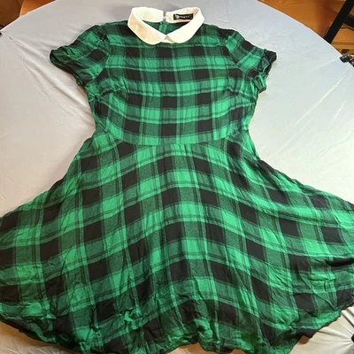 Allegra K Women's Peter Pan Puff Sleeves Above the Knee Green Plaid Dress SZ M Foto 1 de 4