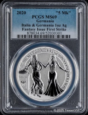 2020 Germania Mint 5Mark 1oz Silver Allegories - Italia & Germania PCGS MS69 FS - Image 1 of 2