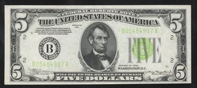 1934 $5 LIGHT GREEN SEAL NEW YORK FEDERAL RESERVE NOTE FRN Fr 1955-B 0153 - Image 1 of 2