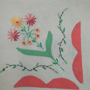 Vintage Hand  Embroidered Floral Linen Tablecloth Napkins About 32 inch Square - Picture 1 of 6