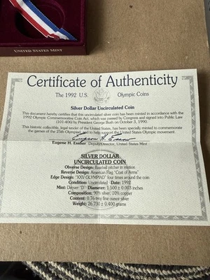 1992 Olympic BU 90% Silver Dollar BASEBALL Coin Set US Mint Box and COA UNC - Image 1 of 4