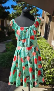 HELL BUNNY DRESS VTG LOOK GREEN W RED HIBISCUS ELASTIC WAIST FLARE SKIRT SZ 3X - Picture 1 of 10