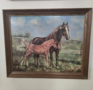 Vintage Mare & Foal Horse Print, Country Scene Signed "Silton" 16X 20" - Picture 1 of 6