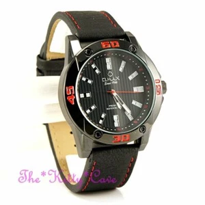OMAX Épais Étanche Noir & Rouge, Suisse Seiko Mouvement, Noir Cuir Montre OAS183 - Picture 1 of 12