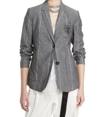 NWOT BRUNELLO CUCINELLI Wool Linen Blazer Jacket 40 4 US Grey Pinstripe Crystal - Image 1 of 4