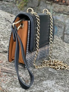 Zara Crossbody Bag Golden Chain Black Brown Houndstooth-Patterned Front Panel - Picture 1 of 16