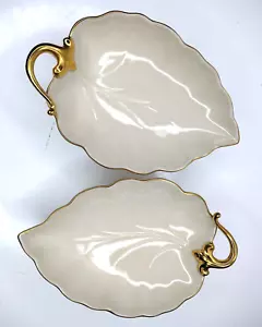 Set/2 Vintage LENOX USA Made Porcelain Leaf Shaped Candy Dishes w 24K Gold - Picture 1 of 8