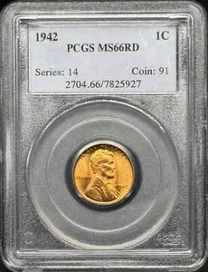 1942 Lincoln Wheat Cent PCGS MS-66 RD - Picture 1 of 2
