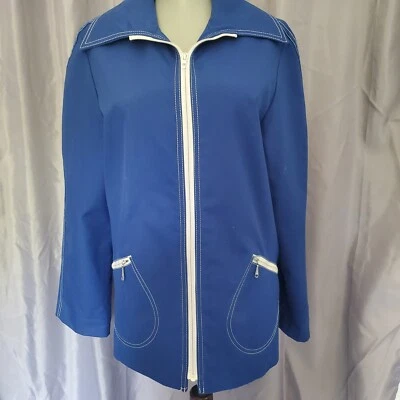 Chaqueta de ciervo blanca vintage años 70 para mujer cremallera completa cuello grande punto en contraste M Foto 1 de 4