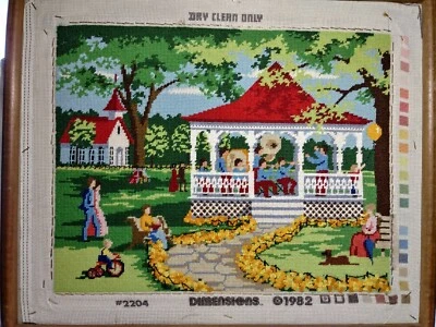 Cross Stitch Framed Gazebo Band Complete 18" No Mat 1982 #2204 Dimensions - Image 1 of 4