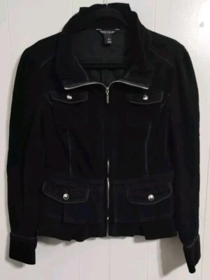 White House Black Market Black Corduroy Jacket Size 8 Ruffle Hem Zip Pockets  - Image 1 of 4