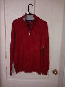 VGC Consensus sz L 1/4 Zip Mock Neck Cotton Cable Knit Red Sweater w/ Gray Trim - Picture 1 of 8