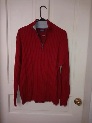 VGC Consensus sz L 1/4 Zip Mock Neck Cotton Cable Knit Red Sweater w/ Gray Trim - Image 1 of 4