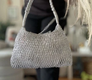 NWT J.CREW CADIZ HANDKNOTTED METALLIC SILVER SHOULDER BAG - Picture 1 of 9