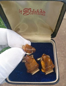 VTG 1950s Hand Carved Budda Tiger's Eye Gold Tone Cuff Links - Picture 1 of 2